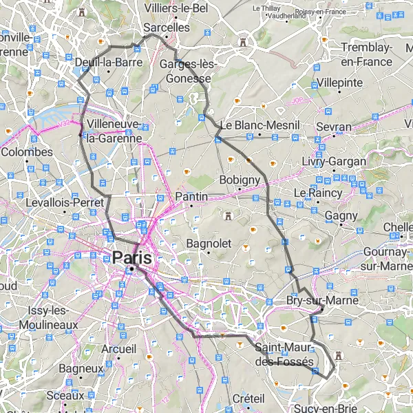 Map miniature of "Chennevières-sur-Marne Loop via Saint-Maur-des-Fossés" cycling inspiration in Ile-de-France, France. Generated by Tarmacs.app cycling route planner