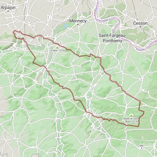 Map miniature of "Scenic Gravel Route from Cheptainville to Milly-la-Forêt" cycling inspiration in Ile-de-France, France. Generated by Tarmacs.app cycling route planner