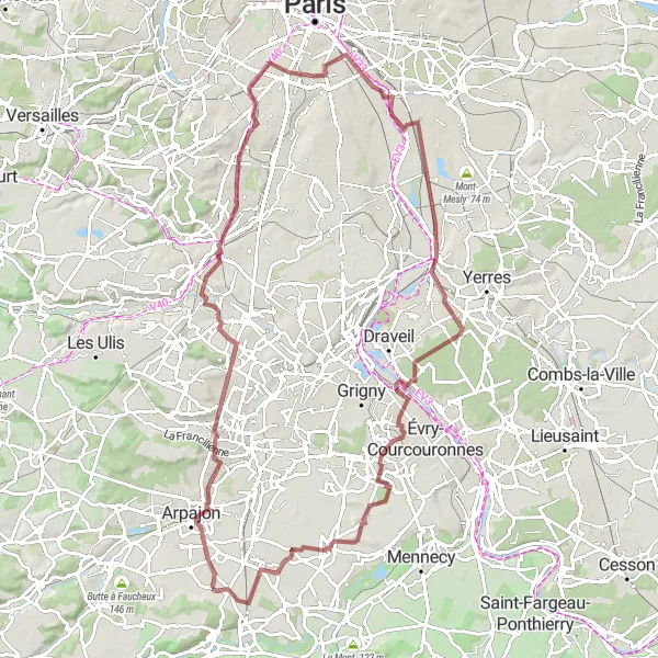 Map miniature of "Cheptainville Gravel Loop to Leudeville" cycling inspiration in Ile-de-France, France. Generated by Tarmacs.app cycling route planner