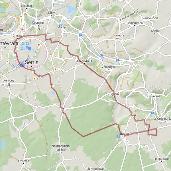 Map miniature of "Discovering Coutevroult and Serris by Gravel" cycling inspiration in Ile-de-France, France. Generated by Tarmacs.app cycling route planner