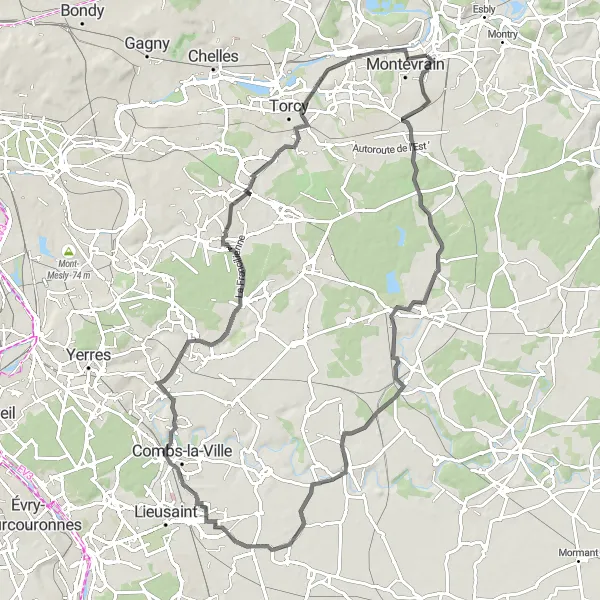 Map miniature of "Jossigny and Varennes-Jarcy Loop" cycling inspiration in Ile-de-France, France. Generated by Tarmacs.app cycling route planner