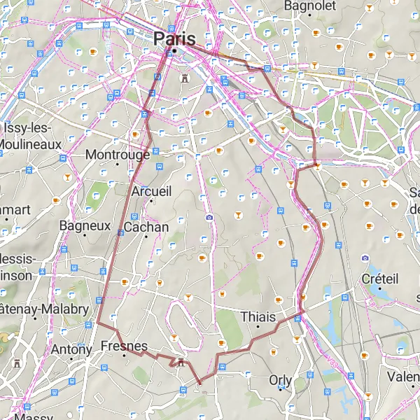 Miniature de la carte de l'inspiration cycliste "La Montagne Sainte-Geneviève et Rungis" dans la Ile-de-France, France. Générée par le planificateur d'itinéraire cycliste Tarmacs.app