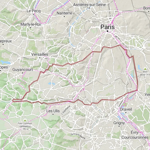 Map miniature of "Off-Road Gravel Adventure" cycling inspiration in Ile-de-France, France. Generated by Tarmacs.app cycling route planner