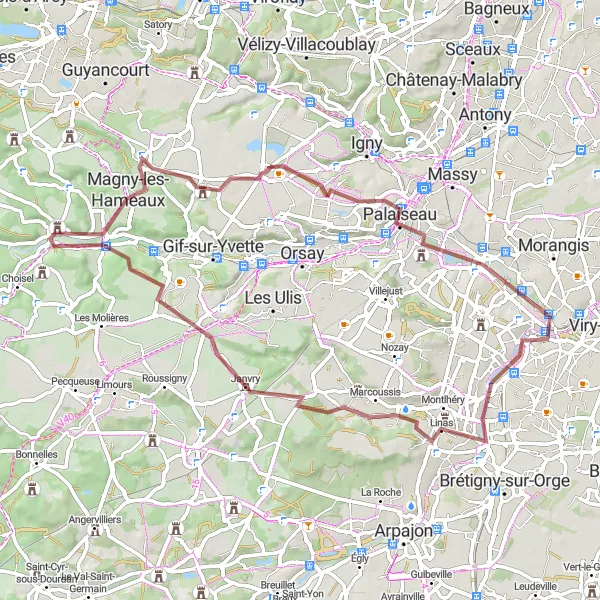 Map miniature of "The Scenic Gravel Route to Palaiseau" cycling inspiration in Ile-de-France, France. Generated by Tarmacs.app cycling route planner