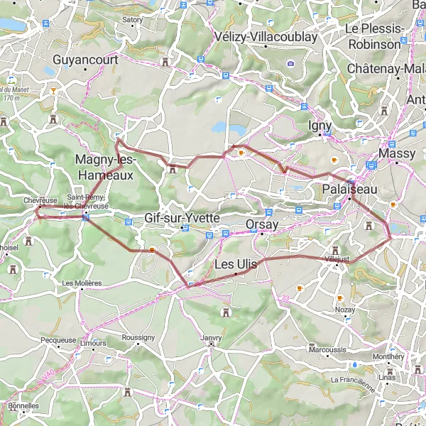 Map miniature of "Scenic Gravel Exploration in Magny-les-Hameaux and Palaiseau" cycling inspiration in Ile-de-France, France. Generated by Tarmacs.app cycling route planner