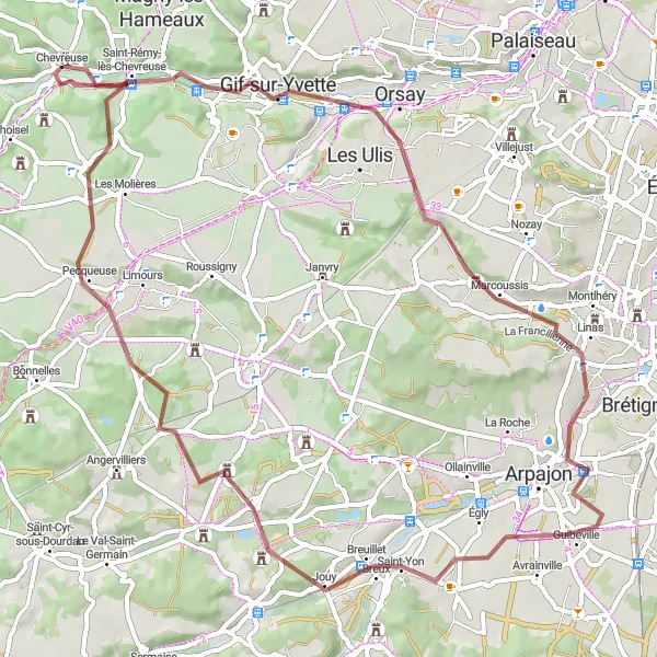 Map miniature of "Gravel Ride through Bures-sur-Yvette to Guibeville" cycling inspiration in Ile-de-France, France. Generated by Tarmacs.app cycling route planner