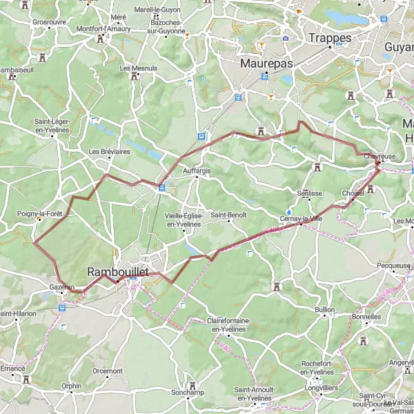 Map miniature of "The Gravel Adventure near Chevreuse" cycling inspiration in Ile-de-France, France. Generated by Tarmacs.app cycling route planner