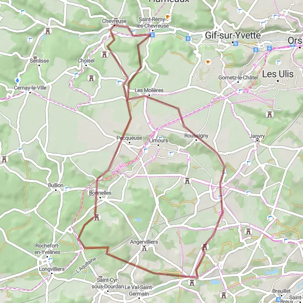 Map miniature of "Gravel Route through Les Molières and Bonnelles" cycling inspiration in Ile-de-France, France. Generated by Tarmacs.app cycling route planner