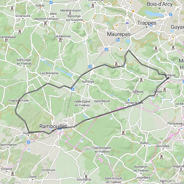 Map miniature of "Chevreuse to Cernay-la-Ville and Gazeran Loop" cycling inspiration in Ile-de-France, France. Generated by Tarmacs.app cycling route planner