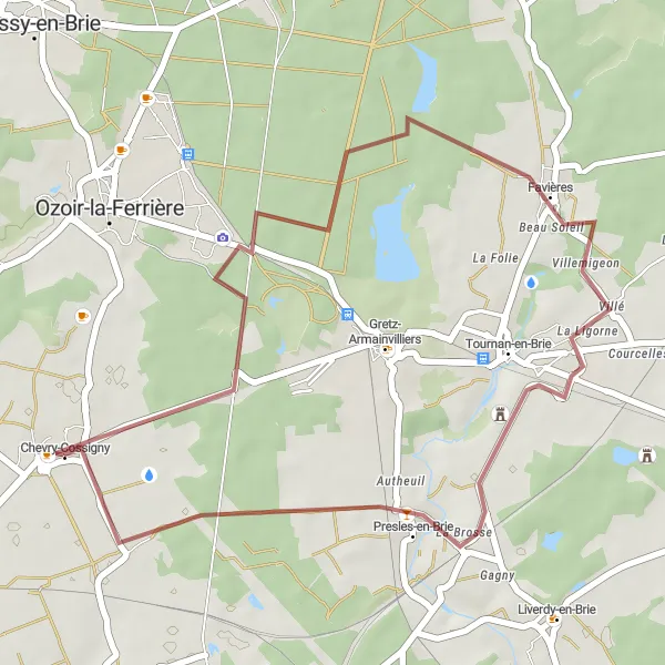 Map miniature of "Scenic Gravel Ride from Chevry-Cossigny" cycling inspiration in Ile-de-France, France. Generated by Tarmacs.app cycling route planner