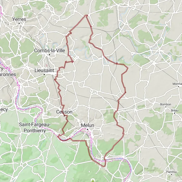 Miniature de la carte de l'inspiration cycliste "Tour de Gravel vers Cesson" dans la Ile-de-France, France. Générée par le planificateur d'itinéraire cycliste Tarmacs.app