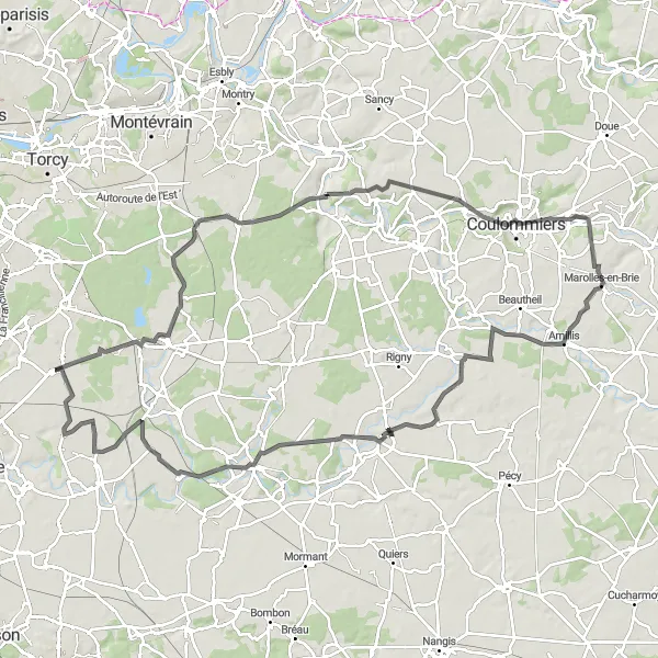 Map miniature of "The Brie Interlude" cycling inspiration in Ile-de-France, France. Generated by Tarmacs.app cycling route planner