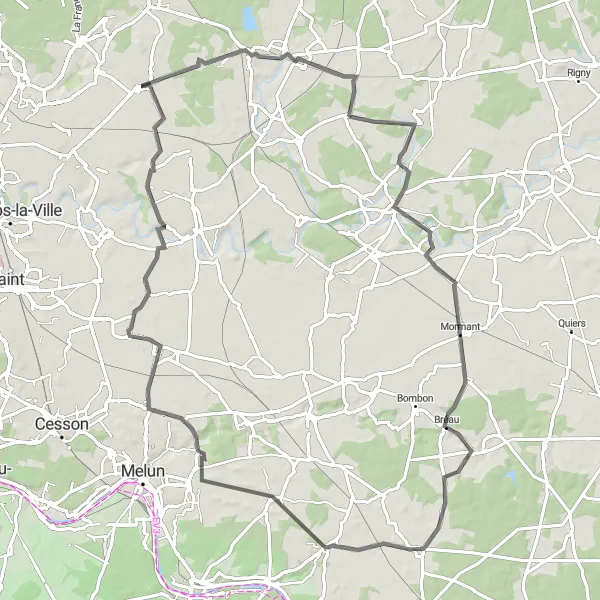 Miniature de la carte de l'inspiration cycliste "Parcours Routier vers Le Châtelet-en-Brie" dans la Ile-de-France, France. Générée par le planificateur d'itinéraire cycliste Tarmacs.app