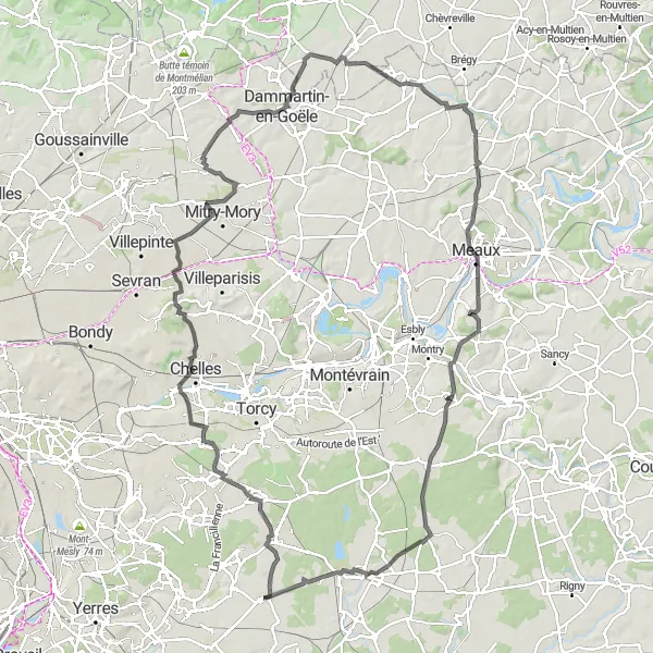Map miniature of "Chevry-Cossigny Road Route" cycling inspiration in Ile-de-France, France. Generated by Tarmacs.app cycling route planner