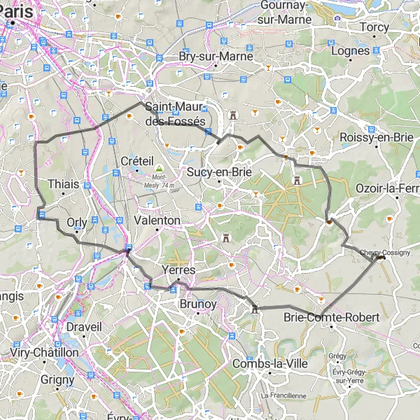 Map miniature of "Chevry-Cossigny Road Adventure" cycling inspiration in Ile-de-France, France. Generated by Tarmacs.app cycling route planner