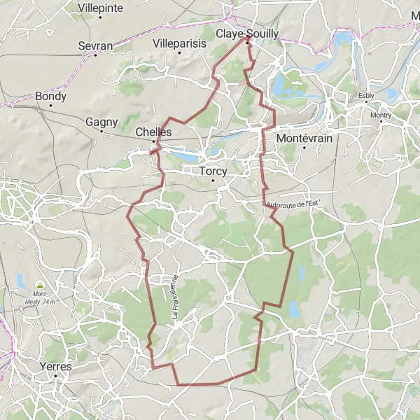 Miniature de la carte de l'inspiration cycliste "Le Tour de la Marne" dans la Ile-de-France, France. Générée par le planificateur d'itinéraire cycliste Tarmacs.app