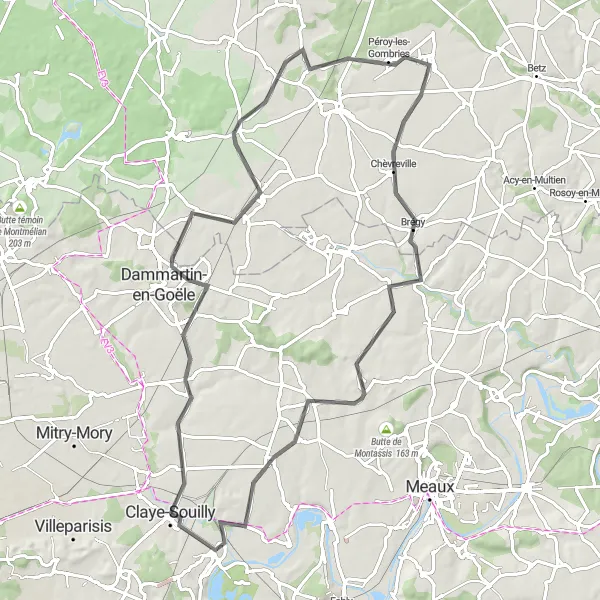 Miniature de la carte de l'inspiration cycliste "Tour de Monthyon" dans la Ile-de-France, France. Générée par le planificateur d'itinéraire cycliste Tarmacs.app