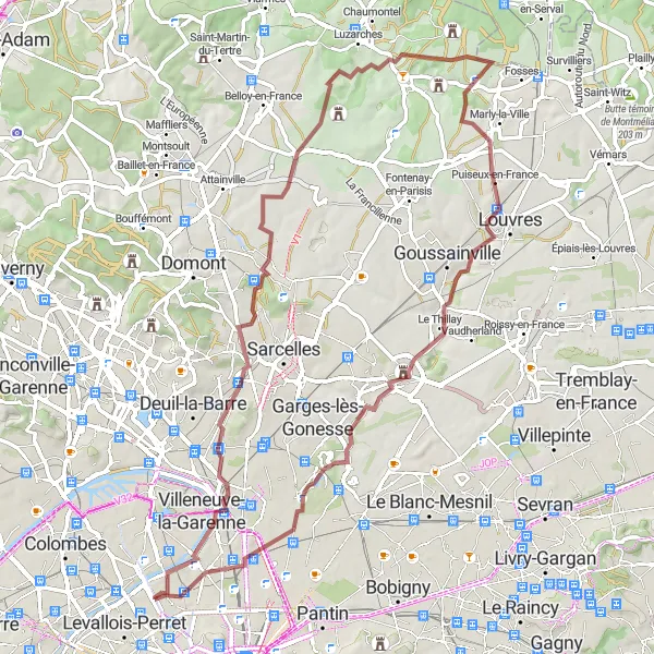 Map miniature of "Clichy to Villeneuve-la-Garenne Gravel Route" cycling inspiration in Ile-de-France, France. Generated by Tarmacs.app cycling route planner