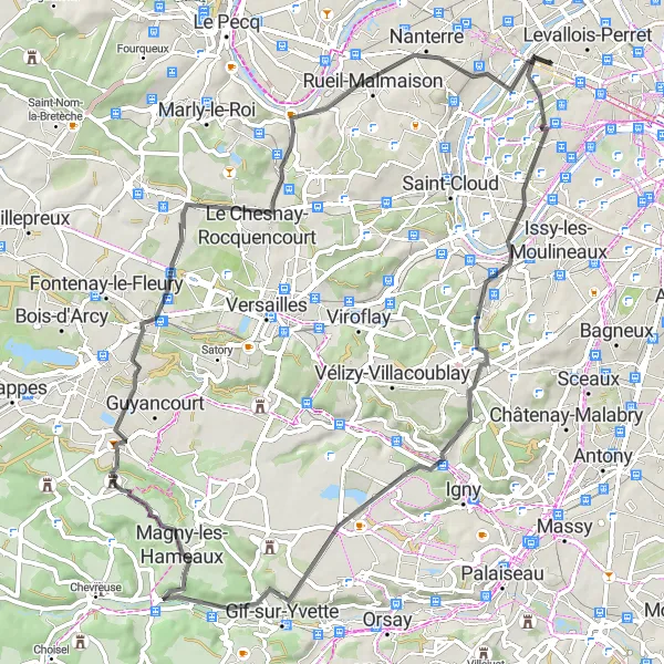 Map miniature of "Southwestern Escape" cycling inspiration in Ile-de-France, France. Generated by Tarmacs.app cycling route planner