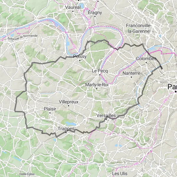 Map miniature of "Clichy to Versailles Road Route" cycling inspiration in Ile-de-France, France. Generated by Tarmacs.app cycling route planner