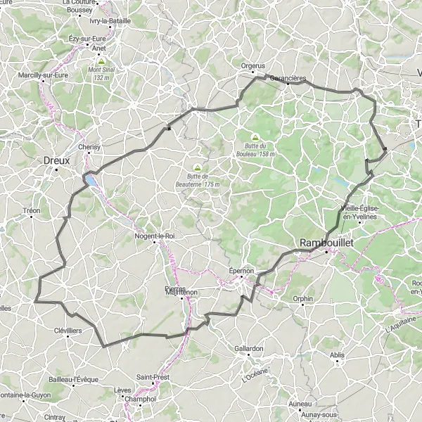 Miniature de la carte de l'inspiration cycliste "Randonnée Road des Vallées de l'Eure et du Drouais" dans la Ile-de-France, France. Générée par le planificateur d'itinéraire cycliste Tarmacs.app