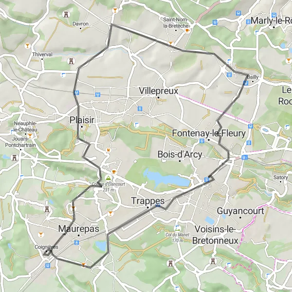 Miniature de la carte de l'inspiration cycliste "Boucle Road des Collines d'Élancourt" dans la Ile-de-France, France. Générée par le planificateur d'itinéraire cycliste Tarmacs.app