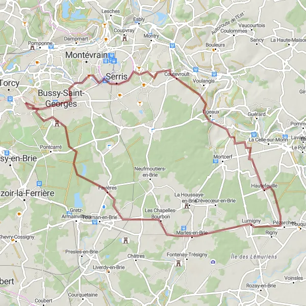 Map miniature of "Scenic Gravel Ride to Château de Ferrières" cycling inspiration in Ile-de-France, France. Generated by Tarmacs.app cycling route planner