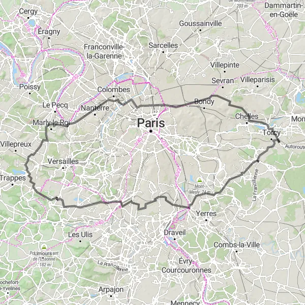Map miniature of "Challenging Road Expedition" cycling inspiration in Ile-de-France, France. Generated by Tarmacs.app cycling route planner