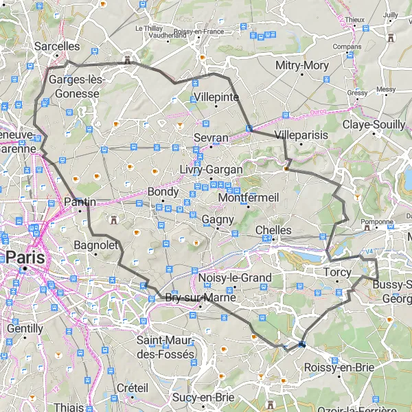 Map miniature of "Road Adventure to Montreuil" cycling inspiration in Ile-de-France, France. Generated by Tarmacs.app cycling route planner