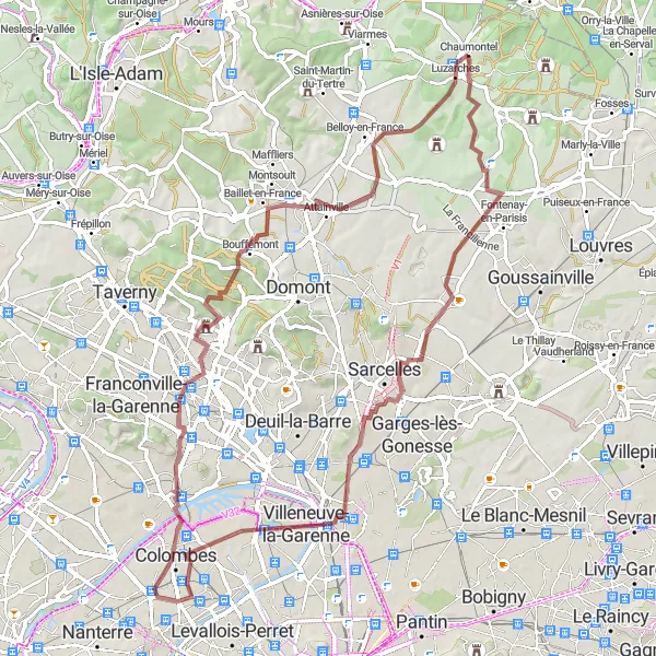 Map miniature of "Challenging gravel route near Colombes" cycling inspiration in Ile-de-France, France. Generated by Tarmacs.app cycling route planner