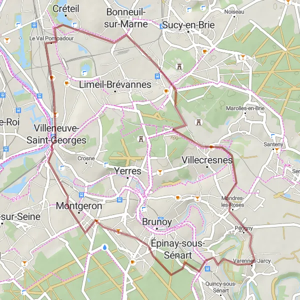 Map miniature of "Gravel Adventure: Combs-la-Ville Loop" cycling inspiration in Ile-de-France, France. Generated by Tarmacs.app cycling route planner