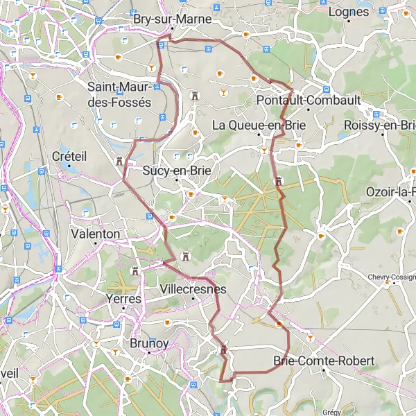 Map miniature of "Gravel Adventure to Périgny-le-Petit" cycling inspiration in Ile-de-France, France. Generated by Tarmacs.app cycling route planner