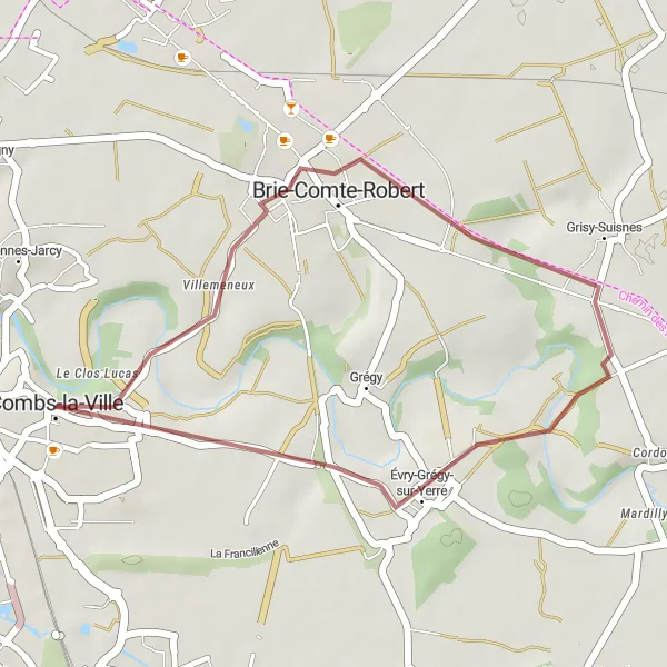 Map miniature of "Gravel Route through Combs-la-Ville" cycling inspiration in Ile-de-France, France. Generated by Tarmacs.app cycling route planner