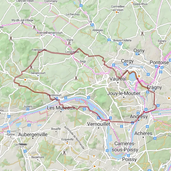 Map miniature of "Scenic Gravel Ride from Conflans-Sainte-Honorine to Éragny" cycling inspiration in Ile-de-France, France. Generated by Tarmacs.app cycling route planner