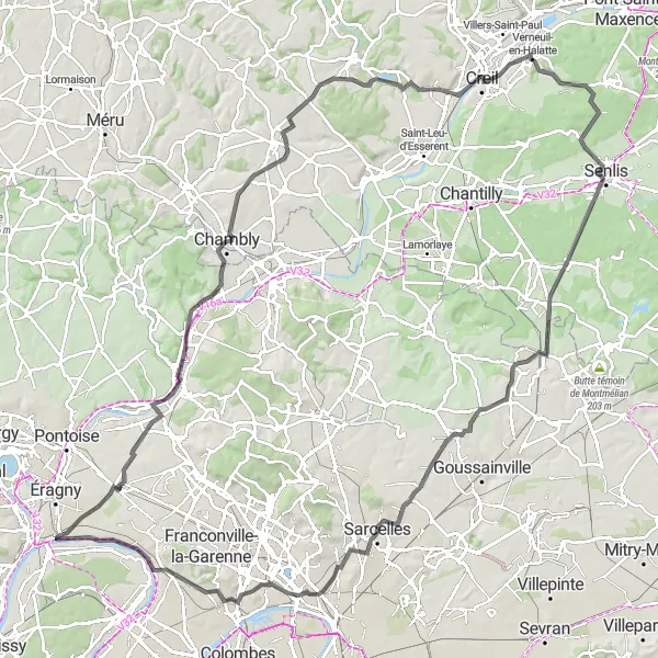 Map miniature of "Tour of Val d'Oise" cycling inspiration in Ile-de-France, France. Generated by Tarmacs.app cycling route planner