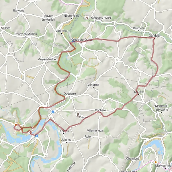 Miniature de la carte de l'inspiration cycliste "Aventure gravel de Lizy-sur-Ourcq à Congis-sur-Thérouanne" dans la Ile-de-France, France. Générée par le planificateur d'itinéraire cycliste Tarmacs.app