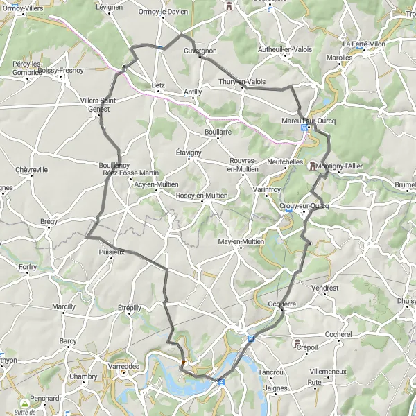 Map miniature of "La Vallée de l'Ourcq" cycling inspiration in Ile-de-France, France. Generated by Tarmacs.app cycling route planner