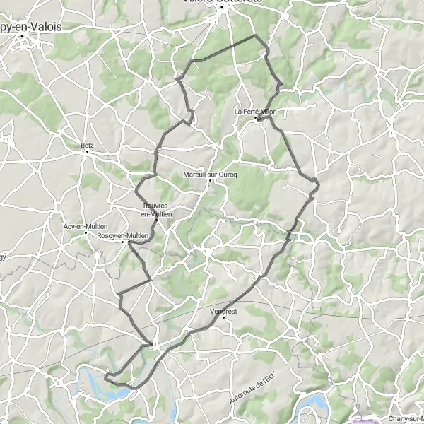 Map miniature of "The Valois Loop" cycling inspiration in Ile-de-France, France. Generated by Tarmacs.app cycling route planner