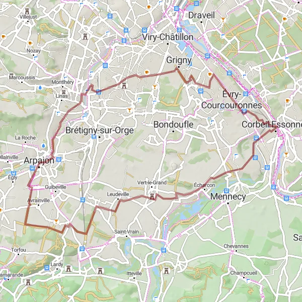 Miniature de la carte de l'inspiration cycliste "Tour de Châteaux autour de Corbeil-Essonnes" dans la Ile-de-France, France. Générée par le planificateur d'itinéraire cycliste Tarmacs.app