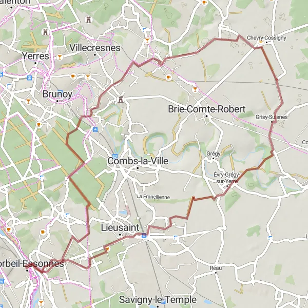 Miniature de la carte de l'inspiration cycliste "Parcours rural autour de Corbeil-Essonnes" dans la Ile-de-France, France. Générée par le planificateur d'itinéraire cycliste Tarmacs.app