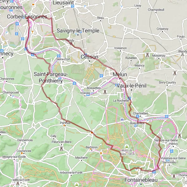 Map miniature of "Fontainebleau and Seine River Cycle Route" cycling inspiration in Ile-de-France, France. Generated by Tarmacs.app cycling route planner