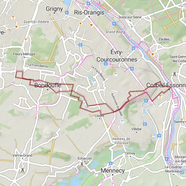 Map miniature of "Gravel Route Tour de Essonnes" cycling inspiration in Ile-de-France, France. Generated by Tarmacs.app cycling route planner