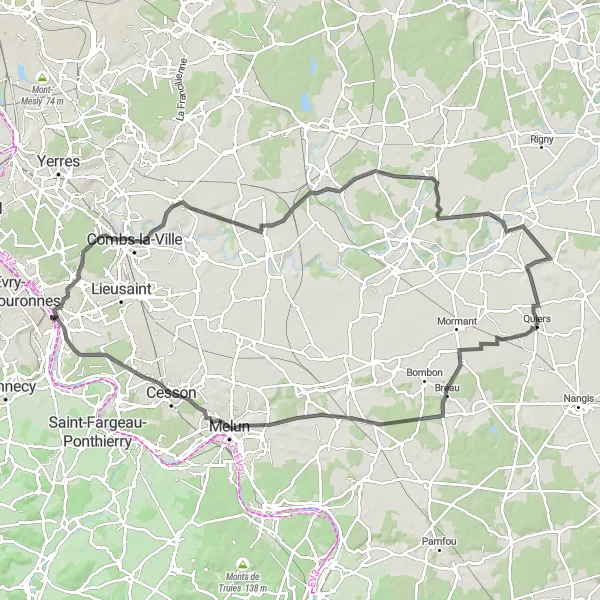 Miniature de la carte de l'inspiration cycliste "Parcours de 105 km depuis Corbeil-Essonnes" dans la Ile-de-France, France. Générée par le planificateur d'itinéraire cycliste Tarmacs.app