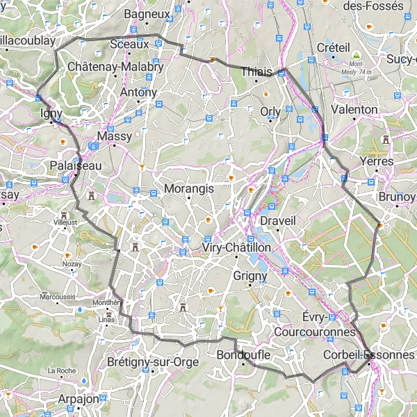 Map miniature of "Scenic Countryside and Famous Landmarks Road Cycling Route" cycling inspiration in Ile-de-France, France. Generated by Tarmacs.app cycling route planner