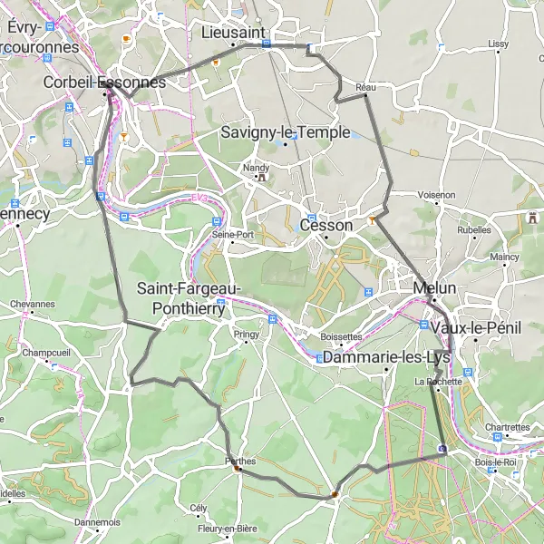 Map miniature of "Melun and Beyond Road Cycling Route" cycling inspiration in Ile-de-France, France. Generated by Tarmacs.app cycling route planner