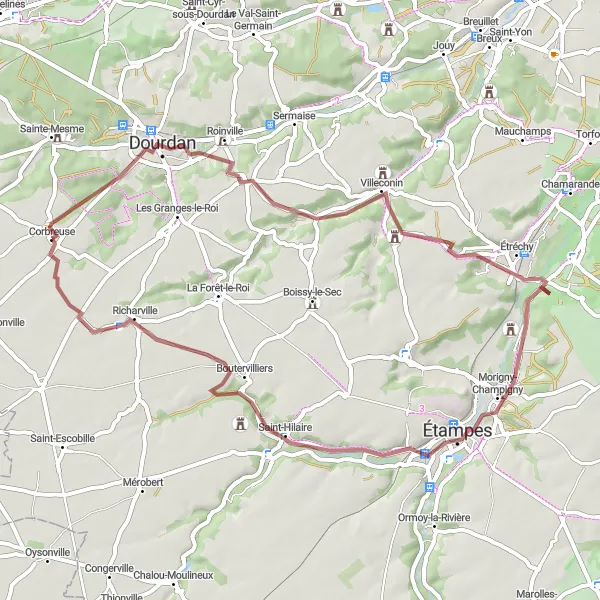 Miniature de la carte de l'inspiration cycliste "La Route de Dourdan" dans la Ile-de-France, France. Générée par le planificateur d'itinéraire cycliste Tarmacs.app