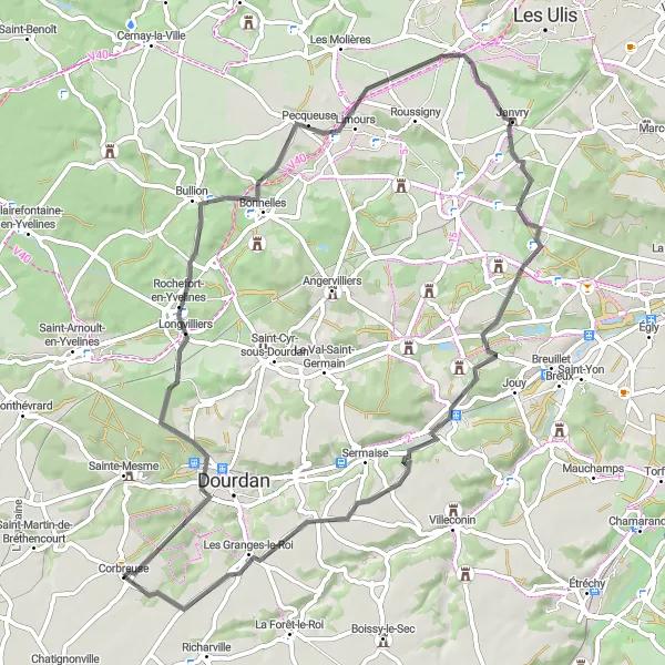 Map miniature of "Essonne Valley Loop" cycling inspiration in Ile-de-France, France. Generated by Tarmacs.app cycling route planner