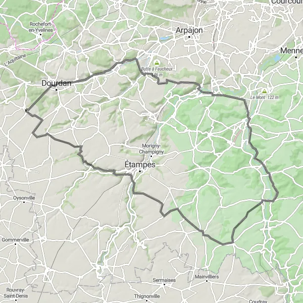 Miniature de la carte de l'inspiration cycliste "Parcours pittoresque de 102 km autour de Corbreuse" dans la Ile-de-France, France. Générée par le planificateur d'itinéraire cycliste Tarmacs.app