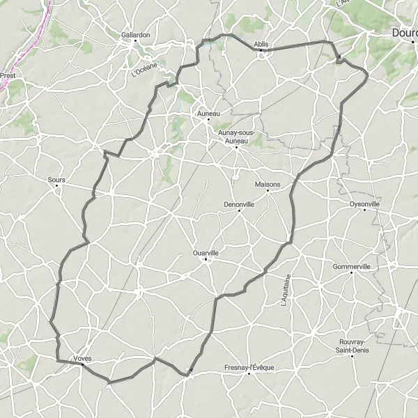 Map miniature of "Châteaux and Valleys" cycling inspiration in Ile-de-France, France. Generated by Tarmacs.app cycling route planner