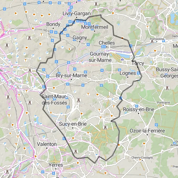 Map miniature of "Vaires-sur-Marne & Croissy-Beaubourg Loop" cycling inspiration in Ile-de-France, France. Generated by Tarmacs.app cycling route planner
